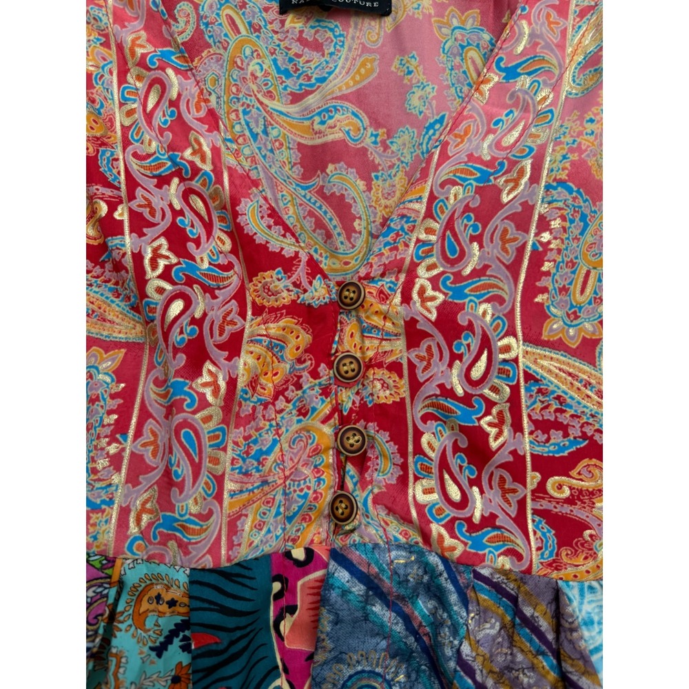 Silk Blend Patchwork Boho Fairy Bell Sleeve tunic mini dress L/XL whimsy paisley - Picture 4 of 7